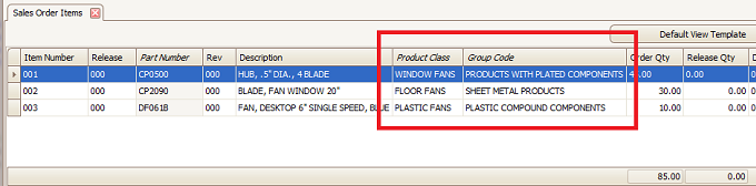 Product Class / Group Code Display